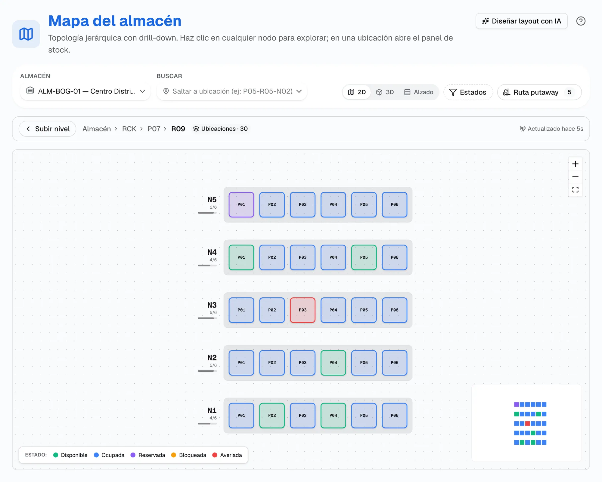 Mapa 2D del almacén por zonas