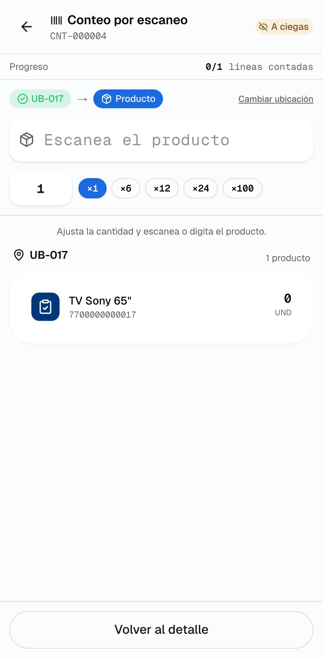 Conteo en la terminal RF escaneando la ubicación y el producto