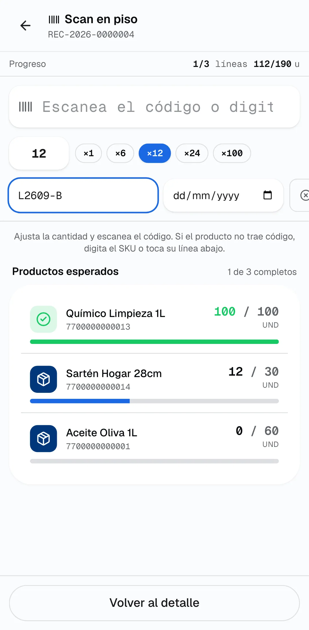 Pantalla de la terminal RF registrando unidades recibidas de una orden de compra