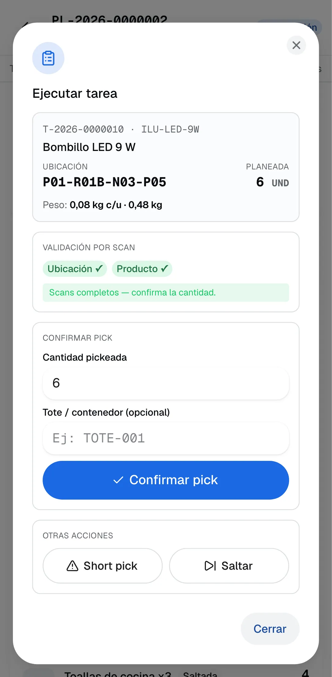 Tarea de picking en la terminal RF con la ubicación, el producto y la cantidad a recoger